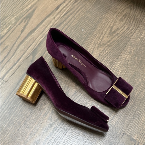 Salvatore Ferragamo Shoes - Salvatore Ferragamo Velvet Heels in Deep Burgundy with Gold Accent